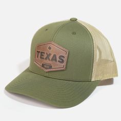 Our Texas Established Hat features a vintage style name stamped into the nostalgic hexagon shaped full grain Horween leather patch. It also highlights the year the great state of Texas was established, making it a new favorite hat for all you die hard Texans. Vintage Outdoor Hat With Leather Patch, Vintage Cap With Leather Patch, Trucker Style Six-panel Baseball Cap With Leather Patch, Trucker Baseball Cap With Curved Brim And Leather Patch, Trucker Baseball Cap With Leather Patch And Curved Brim, Trucker Hat With Leather Patch, Six-panel, Texas Hat, American Flag Hat, Flag Hat