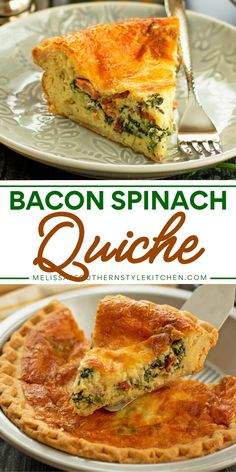 Learn how to make Bacon Spinach Quiche! This delicious bacon spinach quiche recipe is perfect for a Mother's Day brunch idea. Layer the spinach, bacon, and cheese in savory pie for everyone's favorite. Bake this easy Bacon Spinach Quiche for a delicious Mother's day breakfast recipe! Spinach And Bacon Quiche, Bisquick Spinach Quiche Recipes, Quiche Bacon Spinach, Spinach Bacon Quiche Recipes, Spinach Feta Bacon Quiche, Best Spinach Bacon Quiche, Ham And Spinach Quiche, Bacon Spinach Quiche, Bacon Quiche Recipe