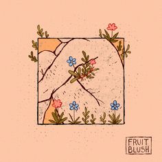 a drawing of flowers and leaves on a pink background with the words fruit bush above it