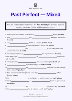 the past perfect - mixed worksheet is shown in blue and white with black text