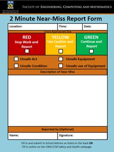 the two minute near - miss report form is shown in red, yellow and green