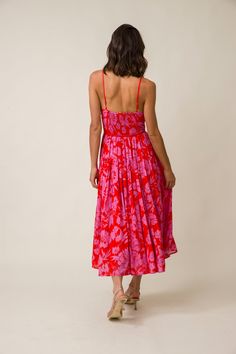 Step out in color and style Beach Wedding Guest, Beach Wedding Guests, Beach Wedding Guest Dress, Line Dot, Red Floral Dress, Pink Midi Dress, Pink And Red, Full Skirt, Guest Dresses