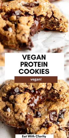 vegan protein cookies with chocolate chips on top and the words vegan protein cookies