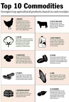 the top 10 commodilies info sheet is shown in black and white with an image of farm animals