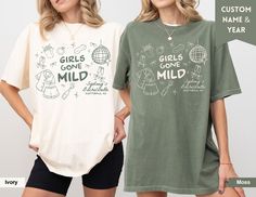 two women wearing t - shirts with the words girls gone wild printed on them in green and white