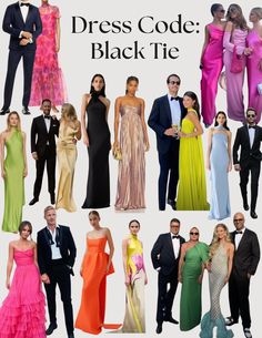 Wedding dress code: Black tie colorful Black Tie Wedding Colors, Colorful Black Tie Wedding, Black Tie Dress Code Women Outfits, Black Tie Outfit Women, Black Tie Formal Wedding Guest, Dresscode Ideas, Black Tie Dress Code Women, Black Tie Wedding Guest Attire, Wedding Dresscode