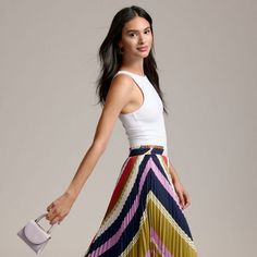 Silky Pleated Skirt | Nuuly Rent Pleated Skirt With Tshirt, Skirt With Tshirt, Teacher Fits, Womens Pleated Skirt, Warrior Queen, Striped Tank Top, Greek Goddess, Striped Tank, Pleated Skirt