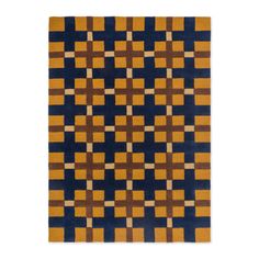 an orange and blue rug with squares on it