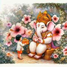 a painting of an elephant and a little boy holding a gift box in front of flowers