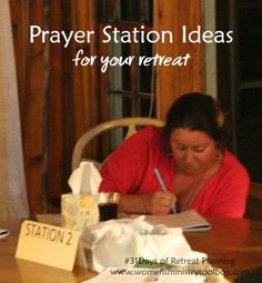 a woman sitting at a table writing on a piece of paper with the words prayer station ideas for your treat