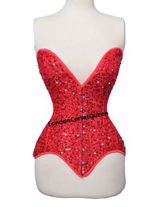 Heavy Duty  Double Steel Boned Waist Trainer  Sequin Corset Steampunk Red Overbust Corset   Corset Material   Sequin & Cotton Corset Colour     Red - Black , White (Message us for other colours) Corset Sizes - 3XS ~ 7XL (Message us for other sizes) Heavy Duty, Steel Boned Corset Reduce Waist up to 4" It can be used for Tight Lacing, Shaping and waist Training Strong Ribbon at Waist Level 100% Cotton Twill Jeans as Lining 5" Modesty Panel at the back This Fashion Corset used in Clubbing , Cosplay Red Corset With Corset Back For Costume Party, Red Fitted Corset For Party, Red Corset With Corset Back For Costume, Fitted Red Corset For Festival, Red Halloween Costume Corset, Halloween Costume Red Corset, Red Overbust Corset For Festival, Halloween Red Costume Corset, Red Fitted Corset For Halloween