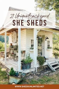 A unique cottage backyard she shed. Cottage Garden Sheds, House Shed, Vintage Garden Decor, Guest Cottage, Shed Design, Rustic Garden Decor