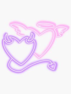 two neon hearts with angel wings and an arrow in the shape of a heart on a white background