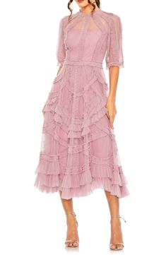 Mac Duggal Puff Sleeve Ruffle Tulle Midi Dress | Nordstrom Midi Wedding Guest Dress, Ruffle Tiered Dress, Tulle Midi Dress, Plus Size Formal Dresses, Brocade Dresses, Midi Cocktail Dress, Mac Duggal, Tea Length Dresses, Long Bridesmaid Dresses