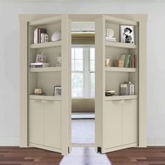 an open bookcase in the corner of a room