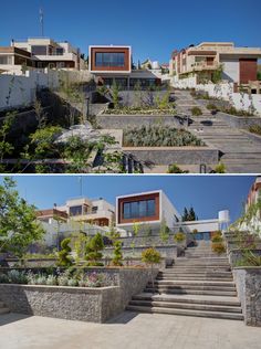 two pictures of the same house with different landscaping and steps leading up to it's windows