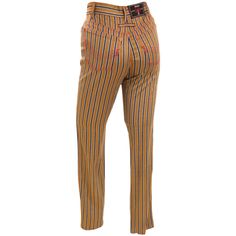 These stretch pants from vintage Jean Paul Gaultier are spectacular! The neutral base color is punctuated not only by the black and grey vertical striping but also by the contrasting red stitching along the seams and pockets. Gaultier Jean's label on back waist. Striped High-waisted Pants With Belt Loops, High Waist Striped Pants With Belt Loops, Fitted High-waist Bottoms With Vertical Stripes, Vintage Striped Bottoms For Workwear, Striped Straight Leg Pants With Belt Loops, Striped Trousers With Belt Loops, Fitted Bottoms With Contrast Stripes For Work, Fitted Striped Bottoms With Belt Loops, Tailored Striped Tapered Leg Bottoms