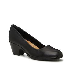 Clarks-Emily2 Pump Look perfectly polished in this pair. The Emily2 pump from Clarks features a comfortable padded insole and a sturdy block heel for all-day support. Complete with a classic silhouette and a neutral color that seamlessly blends with any formal look. 4-inch Block Heel Pump For Work, Black Slip-ons With Ortholite Insole And Flat Heel, Elegant Pumps With 4-inch Heel Medium Width, Black Slingback Pumps With 4-inch Heel And Medium Width, Black Heels With Ortholite Insole, Medium Width, Formal Look, Formal Looks, Classic Silhouette, Neutral Color