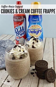 cookies and cream coffee frappe with oreo cookies on the table next to it