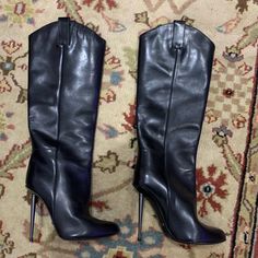 4 1/2" Stiletto Heel Tom Ford Dip-Top Boot In Black Leather 11"H Mid-Calf Shaft 15" Circumference Tom Ford Boots, Tom Ford Shoes, Ford Black, Ladies Shoes, Stiletto Heel, Shoes Heels Boots, Tom Ford, Mid Calf, Shoes Women Heels