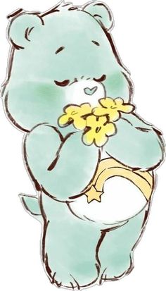 a drawing of a blue teddy bear holding a bunch of yellow flowers in its paws