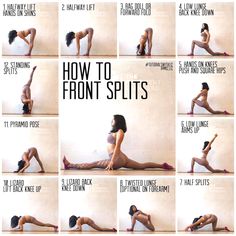 a woman is doing yoga poses with her legs spread out and the words how to front splits