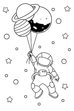 an astronaut floating in the sky holding onto a balloon with stars around it and smiling