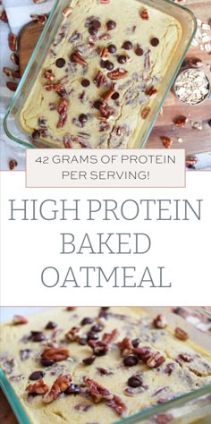 high protein baked oatmeal in a glass baking dish with nuts on top