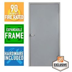 a door with various stickers on it and the words fire rated, expansable frame