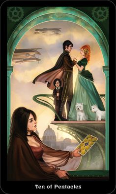 the cover for ten of pentacles, with an image of a man and woman holding