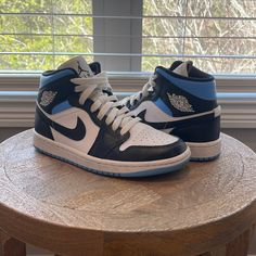 Barley Worn Jordan 1 Mid University Blue, Shoes Jordan 1, Jordan Blue, Shoes Jordan, Womens Jordans, University Blue, Jordan 1 Mid, Barley, Jordan Shoes