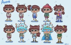 some cartoon characters with different outfits and hair