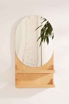 a mirror on a shelf with a plant in the middle and a white wall behind it