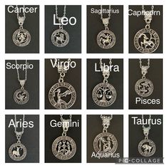 zodiac necklaces are shown with names and symbols on the front, side, and back