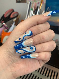 Blue french tip/swirl nails with heart design press on nails Etsy French Tips With Swirls, Nail Art Bleu, Swirl Nail, Fall Blue, Nails Colorful, Glitter Polish, Blue French Tips, Infinity Nails