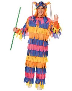 a man in a colorful costume holding a stick