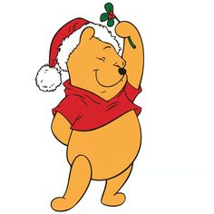 a winnie the pooh character wearing a santa hat and holding his arm up in the air