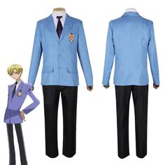 an anime man wearing a blue suit and black pants with his hands on his hips