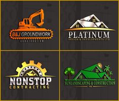 four different logos for construction and building company, including an excavator truck