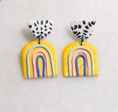 Adorable rainbow earrings made of clay. These will surely brighten your day! Trendy Rainbow Earrings For Summer, Fun Rainbow Earrings, Rainbow Earrings Clay, Funky Rainbow Earrings, Playful Rainbow Earrings, Teacher Accessories, Kids Earrings, Yellow Earrings, Rainbow Earrings