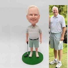 a man standing next to a caricature of a golf player