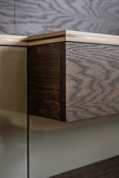 the corner of a cabinet with wood grains on it