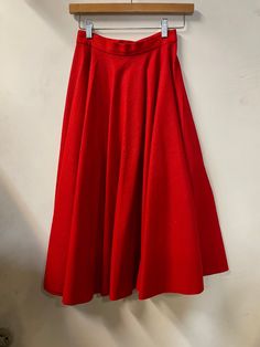 "1950s Bright Red Wool Felt Circle Skirt Great condition with original metal zipper. Zips and snaps in the back. Measurements Waist laying flat 12\" for a total 24\" waist Length 28\"" Red Vintage Flared Skirt, Vintage Red Full Skirt Bottoms, Retro Red Long Skirt, Retro Red Midi Skirt, Womens Skirts, Red Felt, Red Wool, Wool Skirts, Metal Zipper