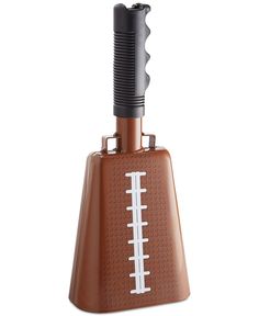 a brown and white football bottle stopper with a black handle on an isolated white background