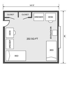 a floor plan for a bedroom with two beds and one desk, the other side has a