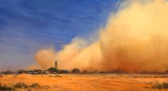 an oil painting of a large dust cloud in the middle of a desert area with a grain silo in the background