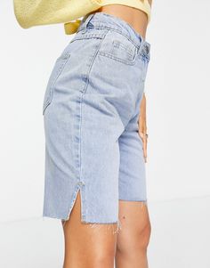 Parisian Petite longline denim shorts with raw hem in light blue | ASOS Light Wash Bermuda Shorts With Frayed Hem, Spring Light Wash Bermuda Shorts With Frayed Hem, Light Wash Bermuda Shorts With Frayed Hem For Spring, Light Wash Straight Leg Shorts With Frayed Hem, Medium Wash Knee-length Shorts For Spring, Relaxed Fit Light Wash Cutoff Bermuda Shorts, Light Wash Relaxed Fit Knee-length Jean Shorts, Knee-length Denim Jean Shorts For Summer, Spring Knee-length Denim Shorts