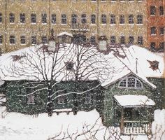 a painting of snow covered buildings and trees