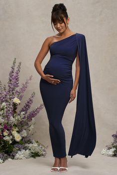 Maternity Clothing Pregnancy Outfits & Styles – Club L London - USA Navy Bodycon Dress, Pregnant Bridesmaid, Dress With Cape, Maternity Wardrobe, One Shoulder Maxi Dress, Pregnancy Looks, Black Dress Prom, Pregnancy Wardrobe, Asymmetric Neckline