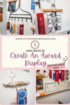 the words create an award display are shown in this collage with photos and magnets